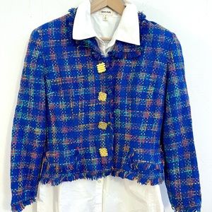Vintage Bright Blue Plaid Neon Pink Green Business Fringe Blazer Suit Coat